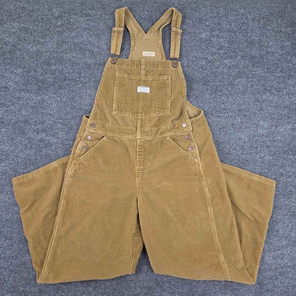 Levis Premium Corduroy Overalls Women M Bibbs Brown Tan Straight Leg Relaxed Fit